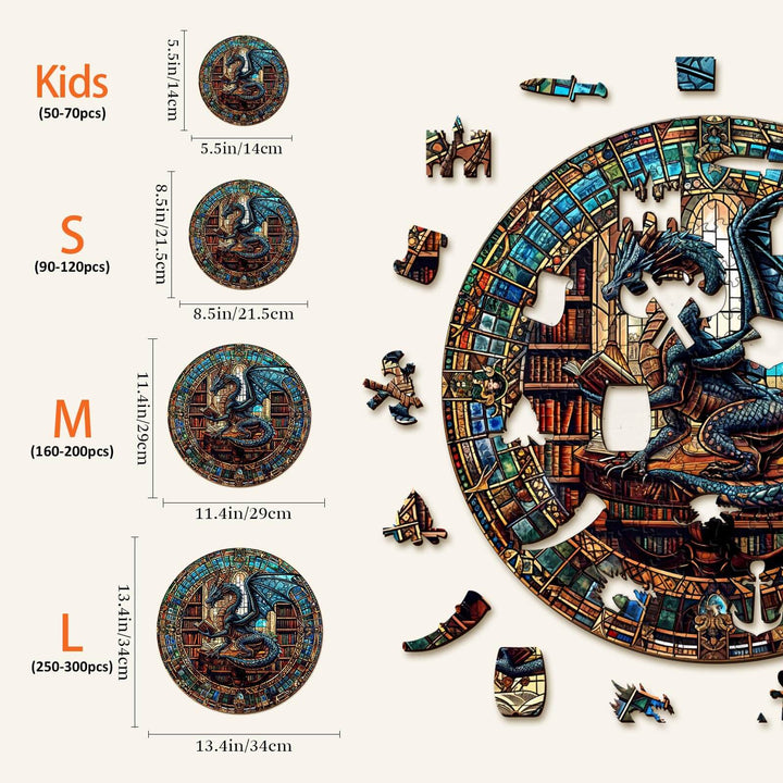 Image showing sizes of The Dragon's Library Wooden Jigsaw Puzzle with pieces for kids, S, M, and L sizes, featuring a dragon and library.