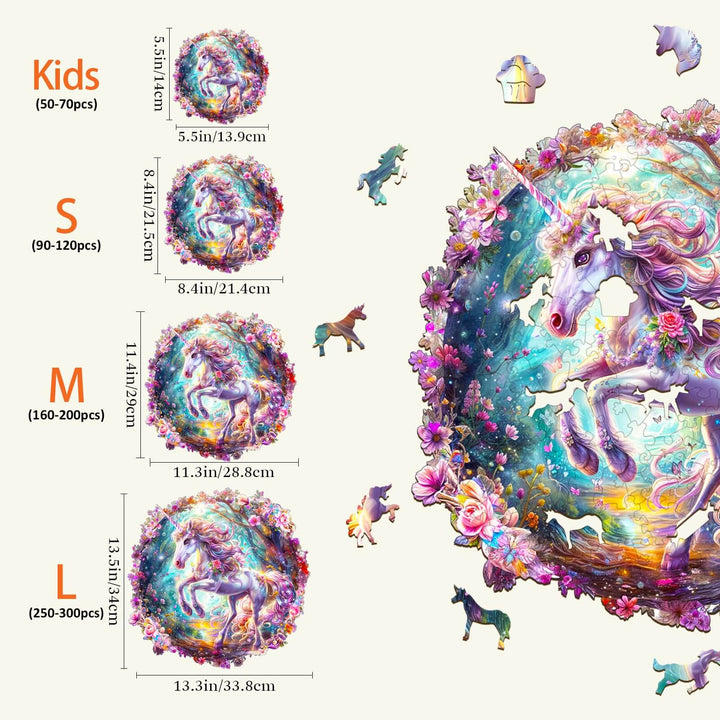 Elf Pony wooden jigsaw puzzle size guide showing dimensions for kids and three puzzle size options.