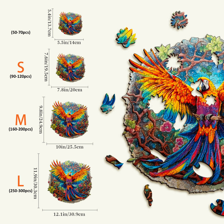 Curious Parrot Wooden Jigsaw Puzzle sizes S, M, L with vibrant colors and unique shapes, showcasing delightful animals and plants.