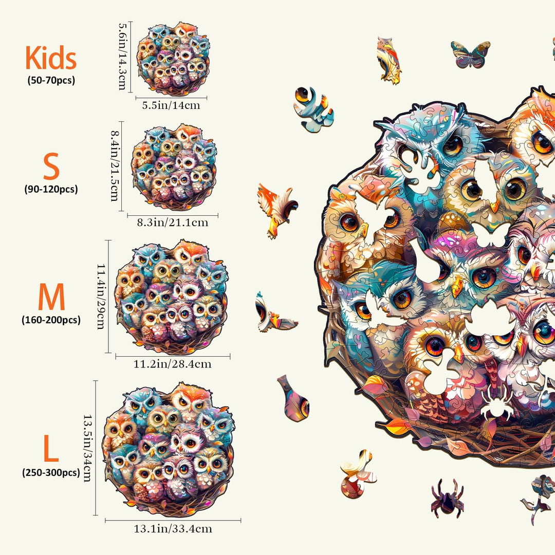 Baby Owls wooden jigsaw puzzle size guide featuring Kids, S, M, and L options, promoting focused and smart play.