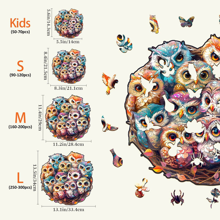 Baby Owls wooden jigsaw puzzle size guide featuring Kids, S, M, and L options, promoting focused and smart play.