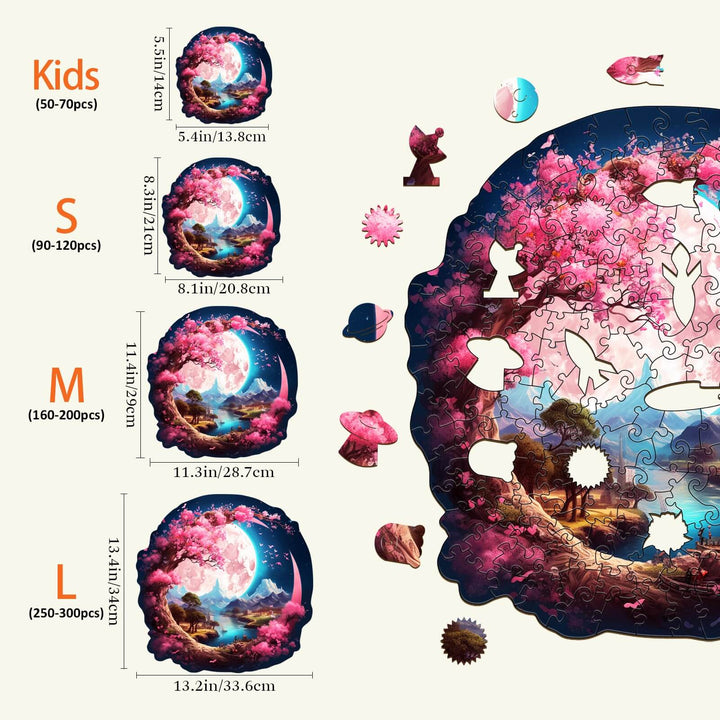 SIZES of Beautiful Moon Wooden Jigsaw Puzzle showing Kids, S, M, and L options with moon and garden artwork.