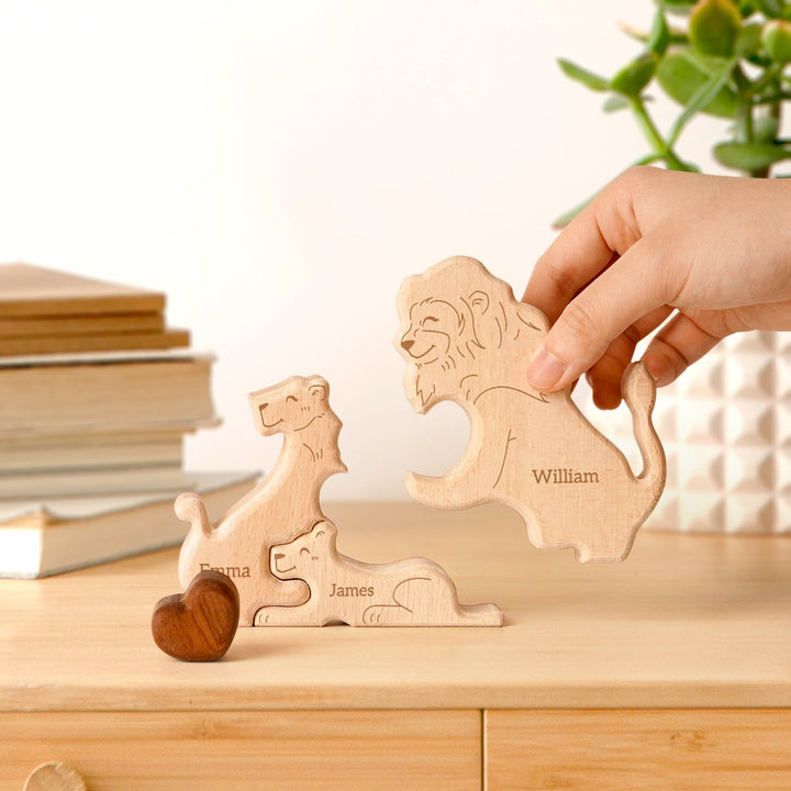 Customized wooden lion family name puzzle with names Emma, James, and William, ideal for family decor and gifts.