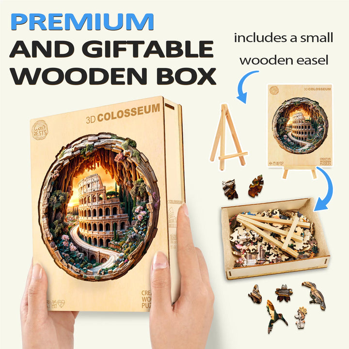 3D Colosseum wooden jigsaw puzzle in a premium gift box with small wooden easel and puzzle pieces, perfect for brain games.