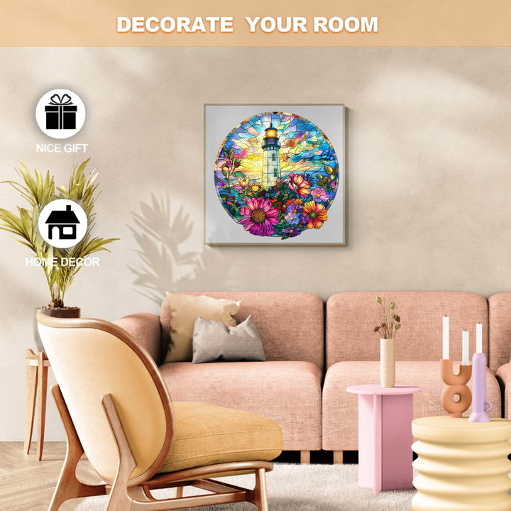 Stained Glass Lighthouse wooden jigsaw puzzle displayed as vibrant home decor to enhance your living space.