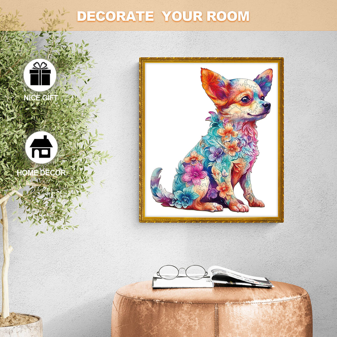 Colorful floral Chihuahua portrait for home decor, perfect gift idea to enhance your room's style.