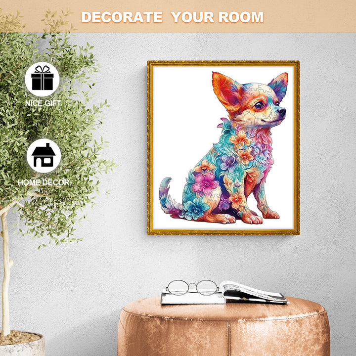 Colorful floral Chihuahua portrait for home decor, perfect gift idea to enhance your room's style.