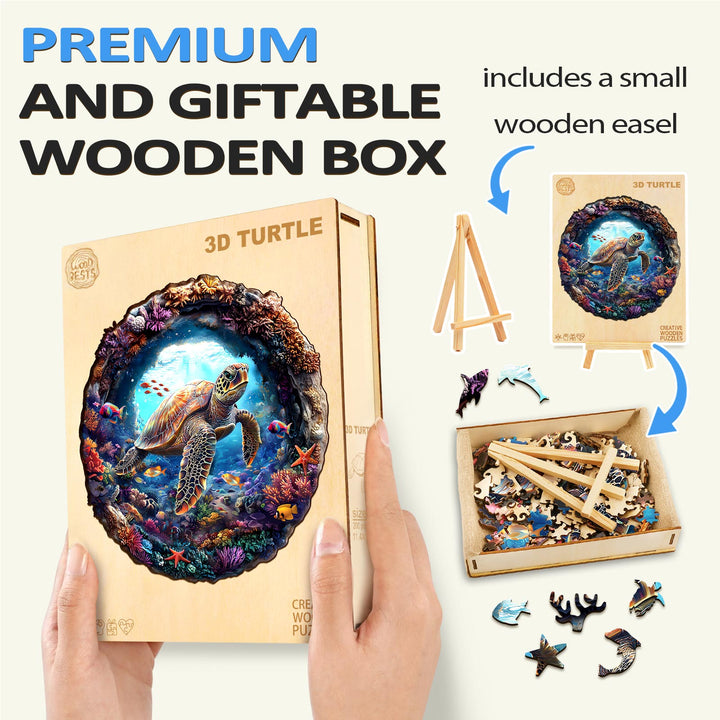 3D Turtle Wooden Jigsaw Puzzle in premium gift box, includes wooden easel and colorful puzzle pieces.