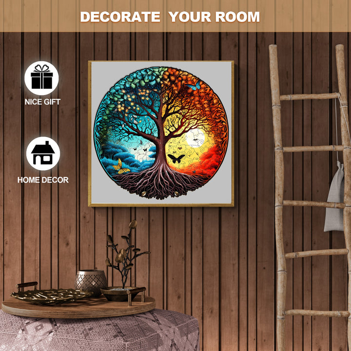 Yin Yang Tree of Life wooden jigsaw puzzle on wall, ideal for home decor and gifting.