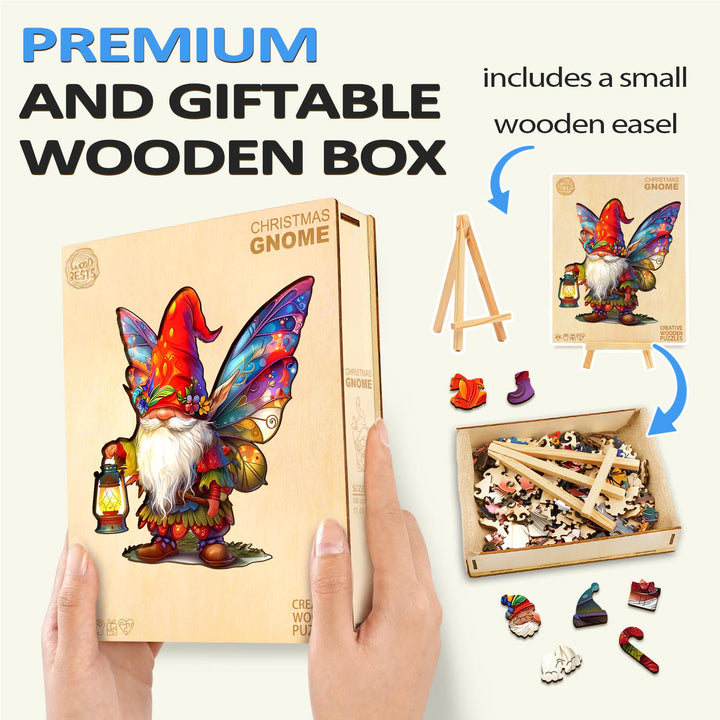 Christmas Gnome wooden jigsaw puzzle in a premium gift box with easel, promoting focus and fun puzzle-solving.