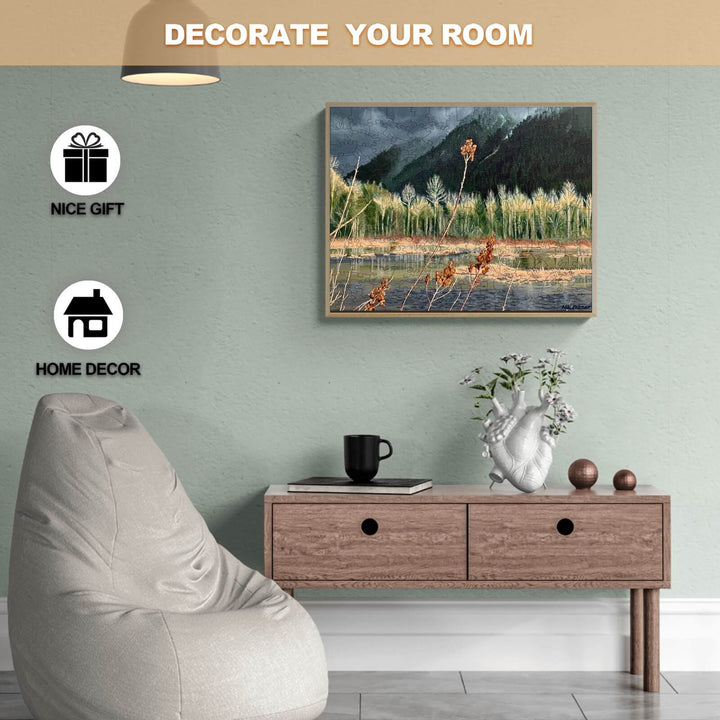 Distant Storm art by Marianne K Palmer on wall, modern home decor with comfortable seating and decorative accents.