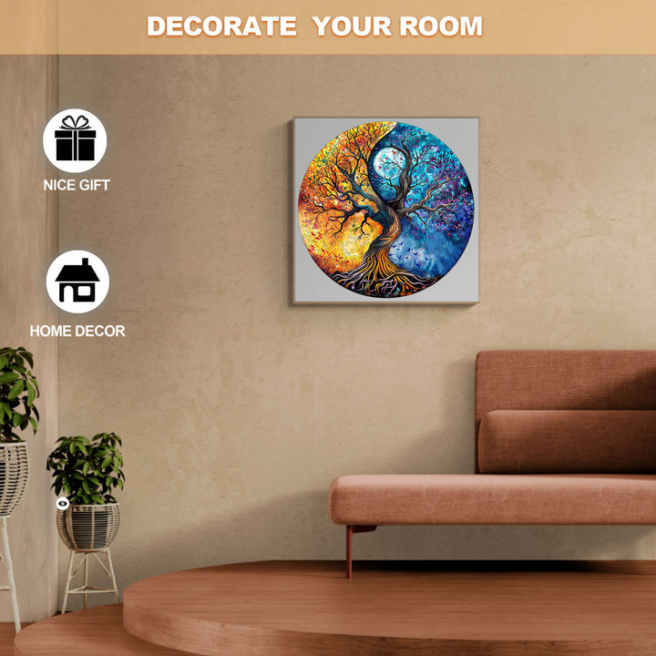 Yin Yang Tree of Life wooden jigsaw puzzle for home decor, great gift idea, colorful art design, perfect for brain games.