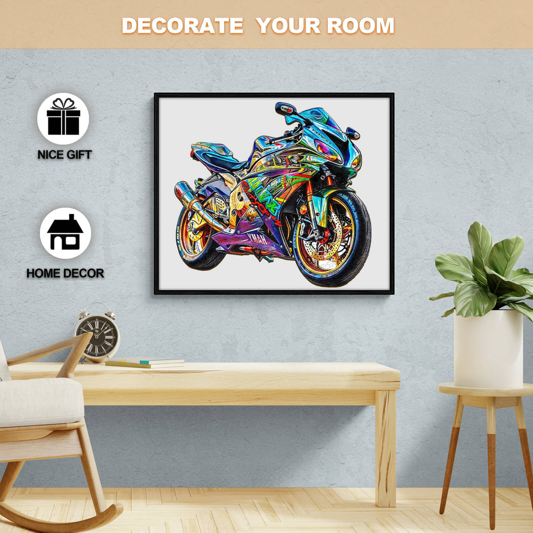 Colorful motorcycle artwork for home decor, perfect as a nice gift, enhancing room aesthetics.