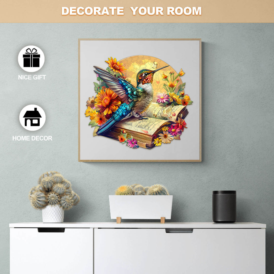 Colorful hummingbird on an open book surrounded by flowers, perfect for home decor and jigsaw puzzle lovers.