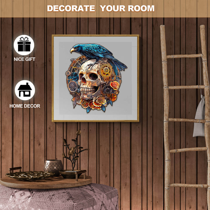 3D Mechanical Skull and Raven puzzle artwork for unique home decor and a perfect gift.