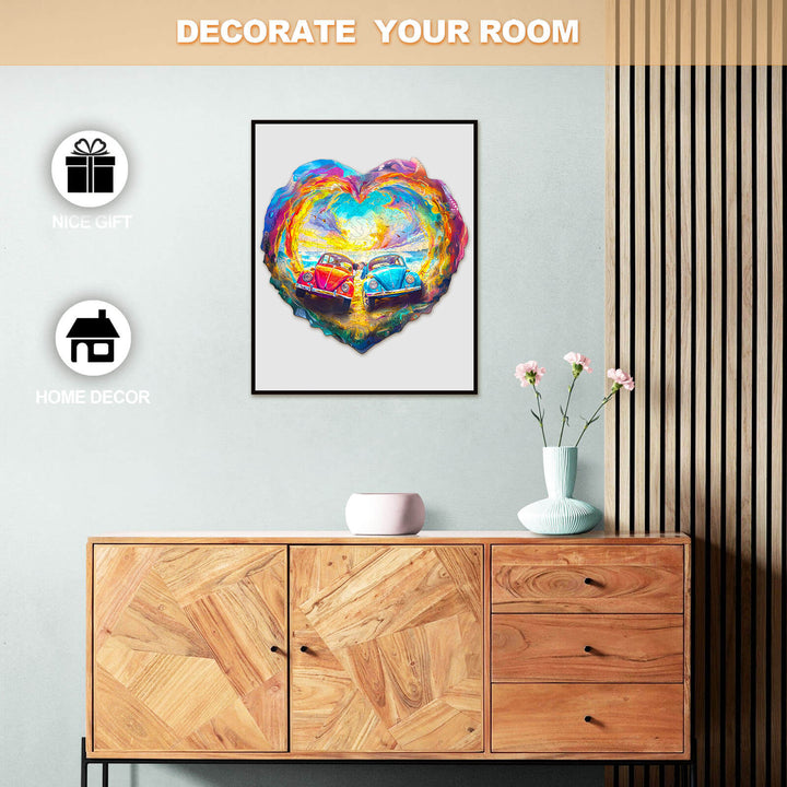 Colorful heart-shaped art featuring cars, perfect for home decor and a unique gift idea to decorate your room.