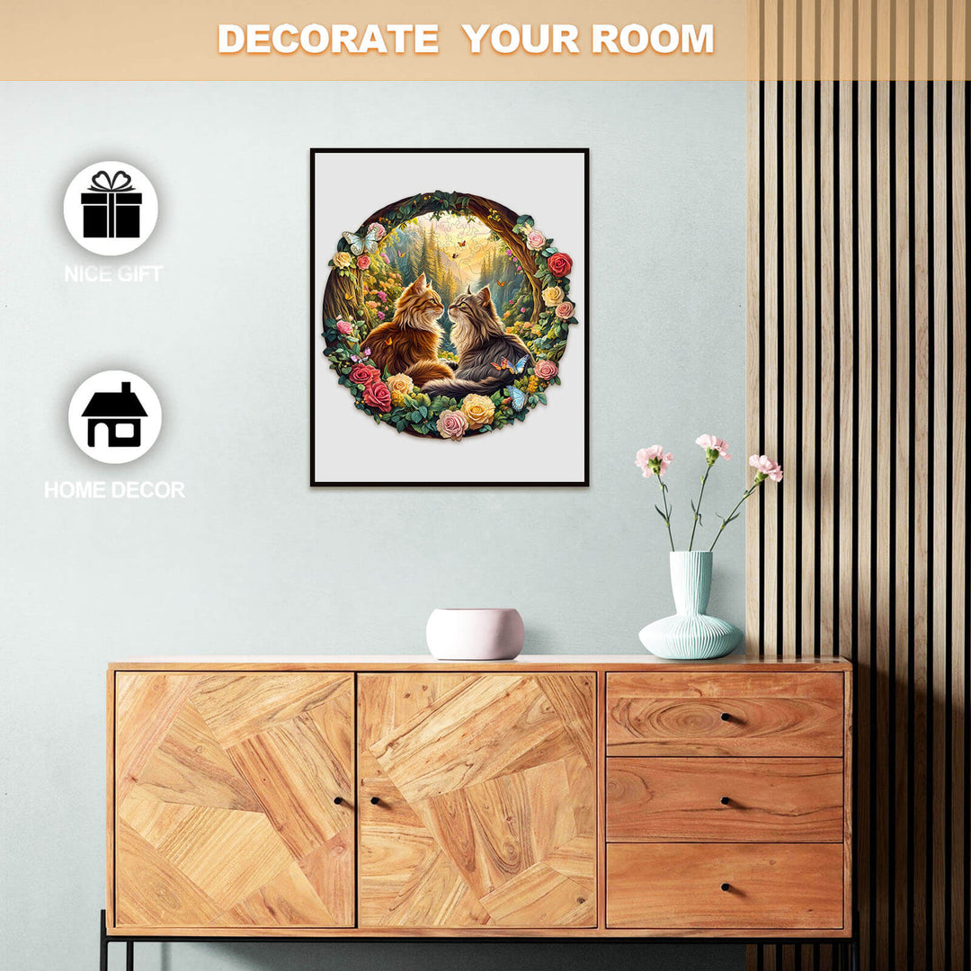 Wooden jigsaw puzzle featuring two cats among flowers, perfect for home decor and a thoughtful gift.