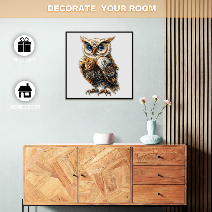 Decorative Mechanical Owl artwork on a wooden cabinet, perfect for home decor and as a thoughtful gift.