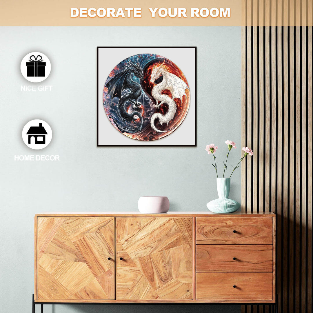 Yin Yang Dragon wooden jigsaw puzzle displayed in stylish home decor setting, perfect for gifts and interior design.