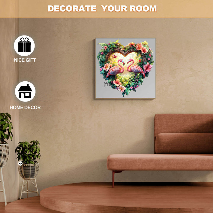 Colorful Love Flamingos wooden jigsaw puzzle, perfect for home decor and as a thoughtful gift.