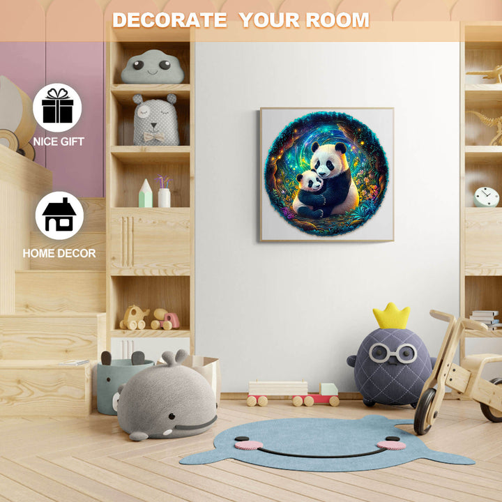 Decorative panda artwork for kids' room, featuring a panda family in vibrant colors, ideal for home decor and gifts.