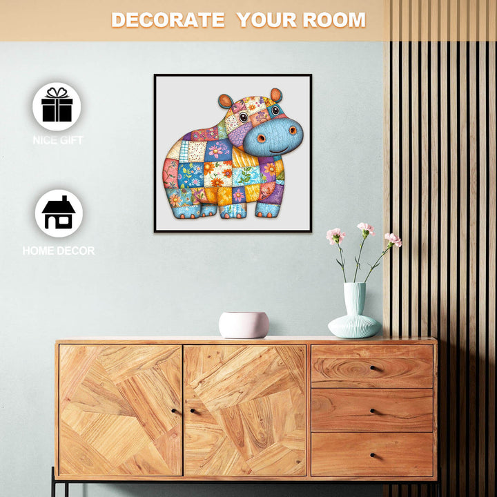 Colorful Patchwork Hippo Wooden Jigsaw Puzzle for home decor and a unique gift option.