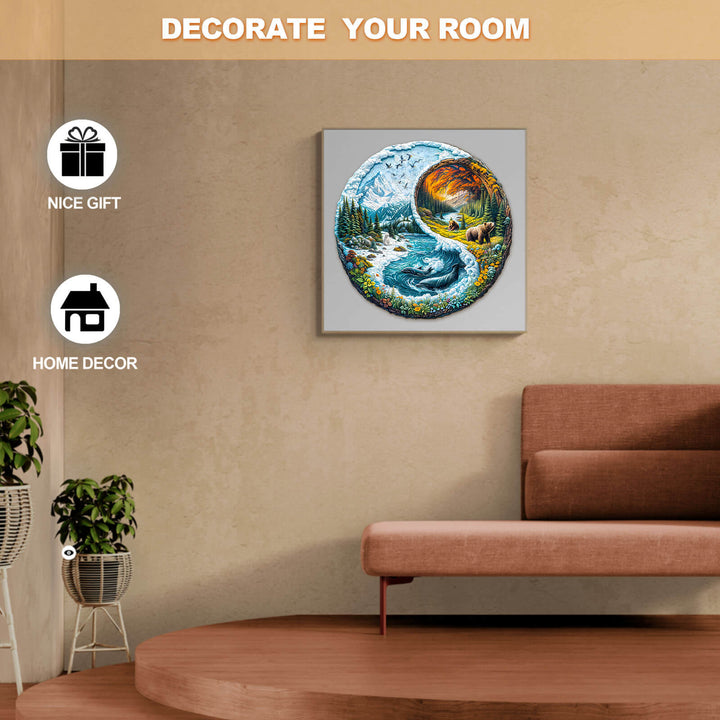 Yin yang glacial forest wooden puzzle displayed on a wall, enhancing home decor and serving as a unique gift.