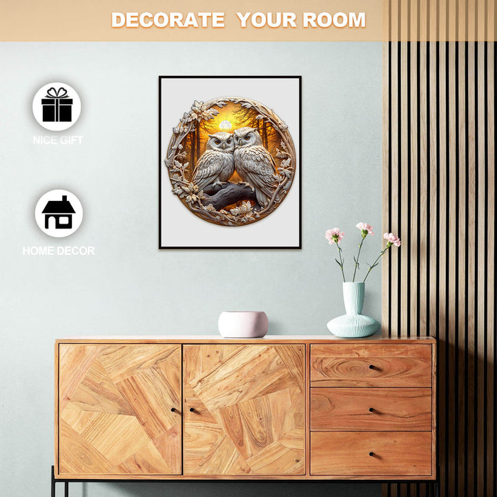 Decorative owl wall art displayed above a wooden cabinet, suitable for home decor or a thoughtful gift.