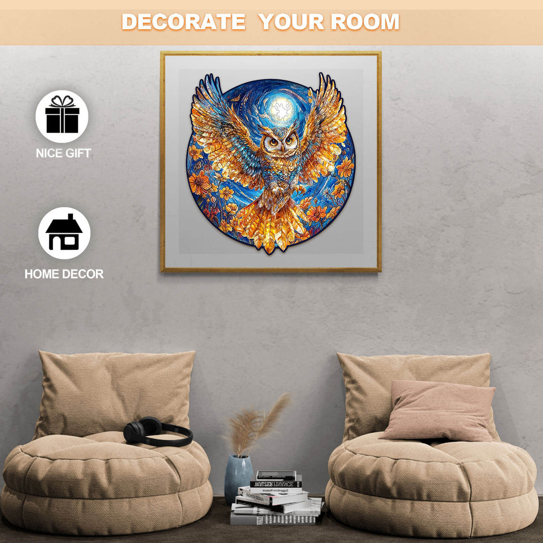 Golden Owl wooden jigsaw puzzle displayed in a cozy room, perfect for home decor and thoughtful gifts.