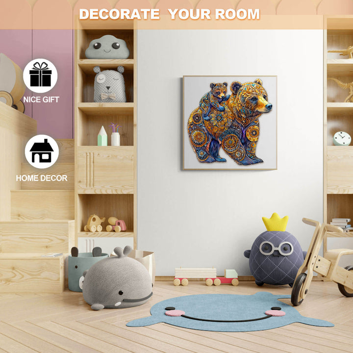 Colorful Mother Bear jigsaw puzzle art in a cozy room, perfect for home decor and gifts.