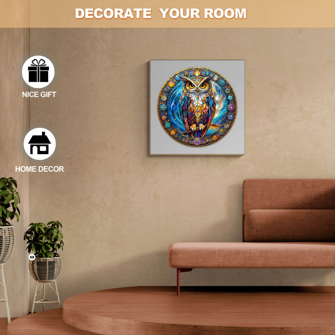 Colorful owl artwork on a wall for home decor, perfect as a gift to enhance your room's aesthetic.