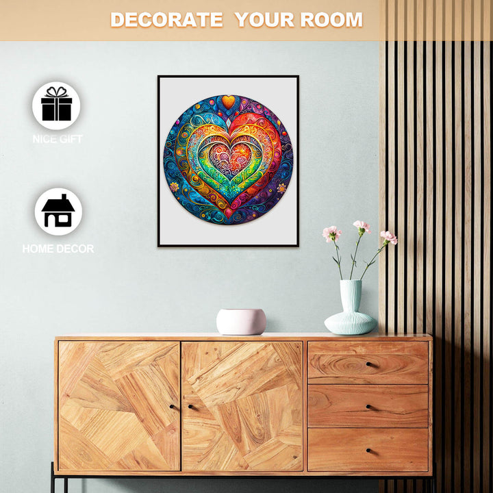 Colorful mandala heart art print enhancing home decor in a stylish interior.