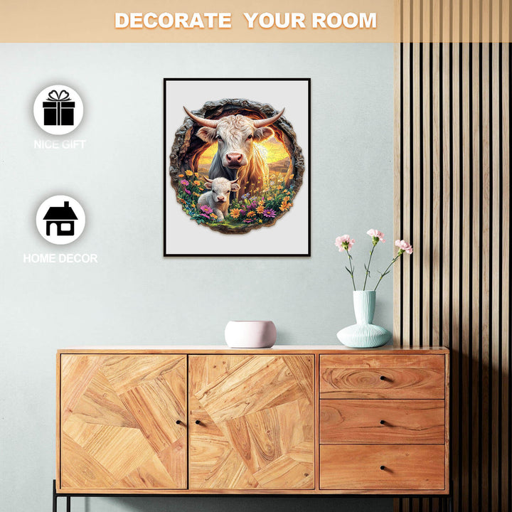 Cattle Family wooden jigsaw puzzle displayed as home decor, featuring a cow and calf surrounded by flowers.