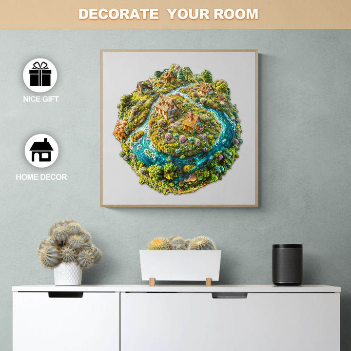 Sustainable Earth wooden jigsaw puzzle displayed as vibrant home decor, perfect for enhancing room aesthetics.