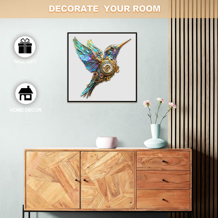 Decorative 3D Mechanical Hummingbird puzzle art on wall above a wooden cabinet, ideal for home decor and gifts.