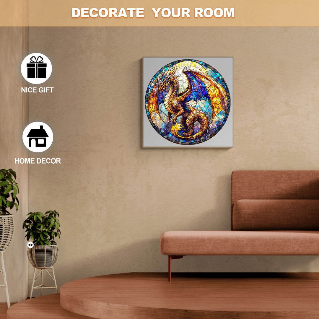 Decorative stained glass dragon artwork in a cozy living room setting with a modern couch.
