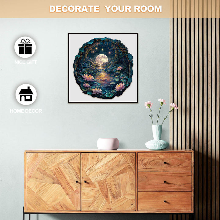3D Cave Moon Lotus Wooden Jigsaw Puzzle displayed as home decor with decorative flowers and glowing accents.