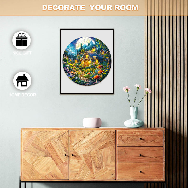 Decorative wall art featuring a serene fairy cottage scene, perfect for home decor and gifting.