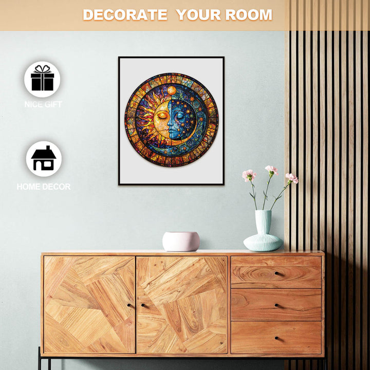 Sun and Moon Harmony wooden jigsaw puzzle displayed in modern home decor setting, perfect for decoration and gifting.
