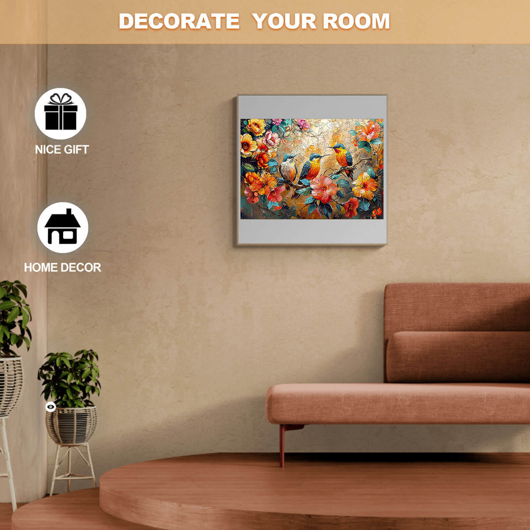 Colorful Hummingbird Garden wooden jigsaw puzzle displayed as wall art in a cozy living room for home decor.