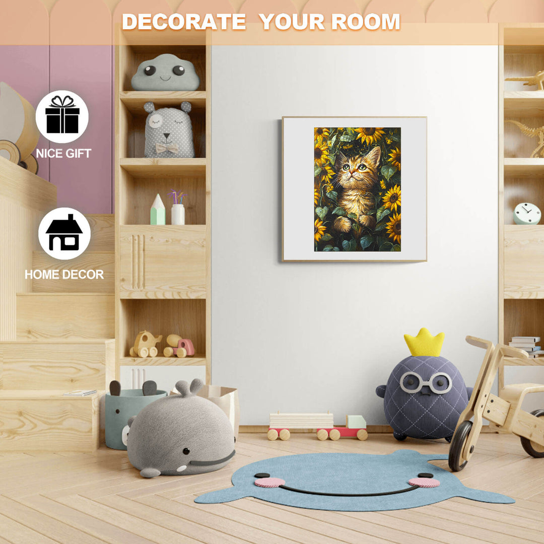 Cozy room decor featuring a framed sunflower and cat art piece, showcasing playful toys and a child-friendly atmosphere.