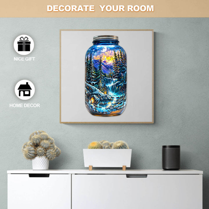 Vibrant mason jar artwork featuring winter forest scene, ideal for home decor and perfect gift option.