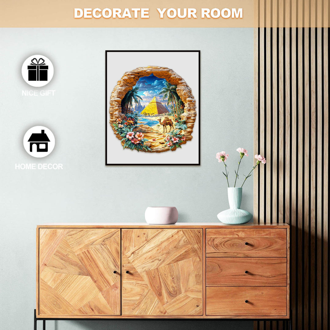Colorful art piece of an oasis with a pyramid, ideal for home decor and gifts, displayed in a modern living room setting.