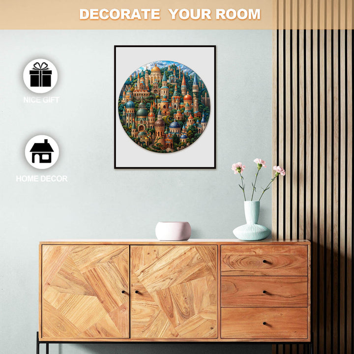 Colorful round artwork of a whimsical village scene displayed above a wooden console for home decor.