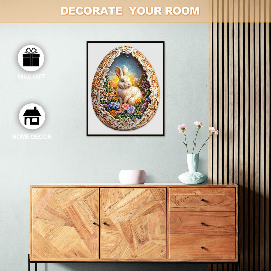 Colorful Easter-themed artwork featuring a bunny in an ornate egg, perfect home decor for spring celebrations.