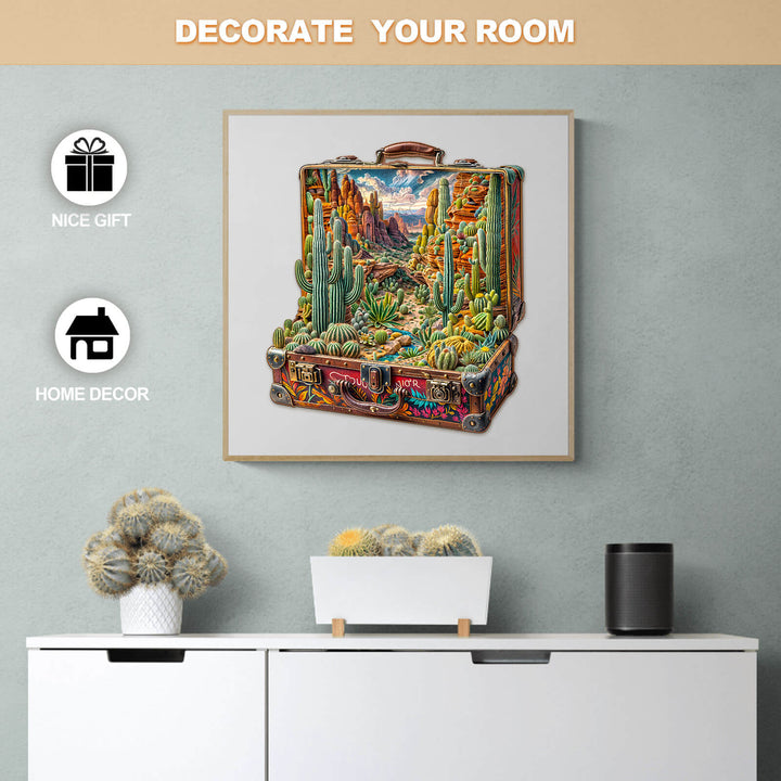 Desert Odyssey-1 Wooden Jigsaw Puzzle displayed as home decor with cacti and sunset landscape.