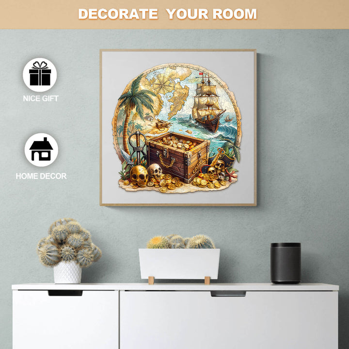 Golden Voyage wooden jigsaw puzzle with treasure chest and ship design, perfect for home decor and gifting.