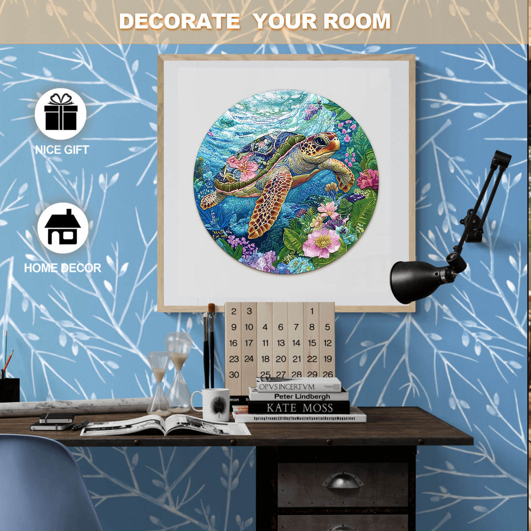 Embroidered Turtle Wooden Jigsaw Puzzle displayed as vibrant home decor, perfect for gifts and enhancing your room.
