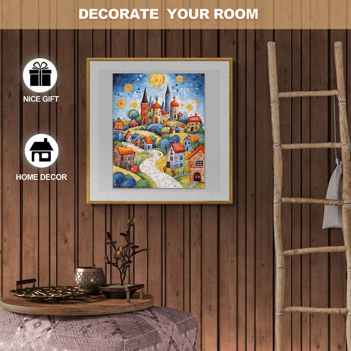 Colorful framed artwork of a whimsical village scene, perfect for home decor and gifting.