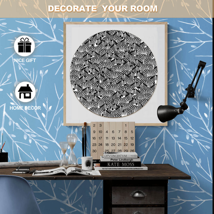Black and white decorative wall art on a blue floral background, ideal for home decor and unique gift ideas.